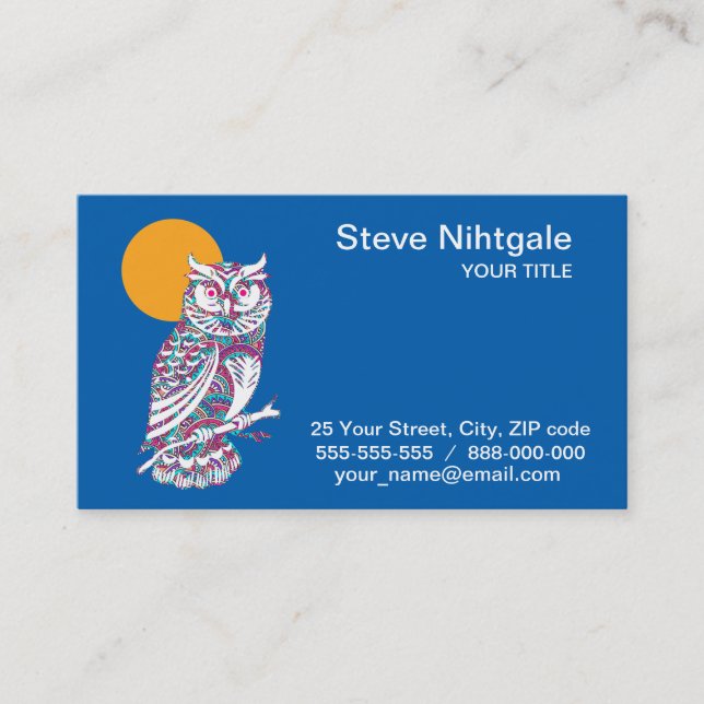 Colourful owl and moon business card (Front)