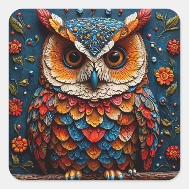 🦉 Colourful Owl Artistic Wildlife Gift 🦉 Square Sticker (Front)