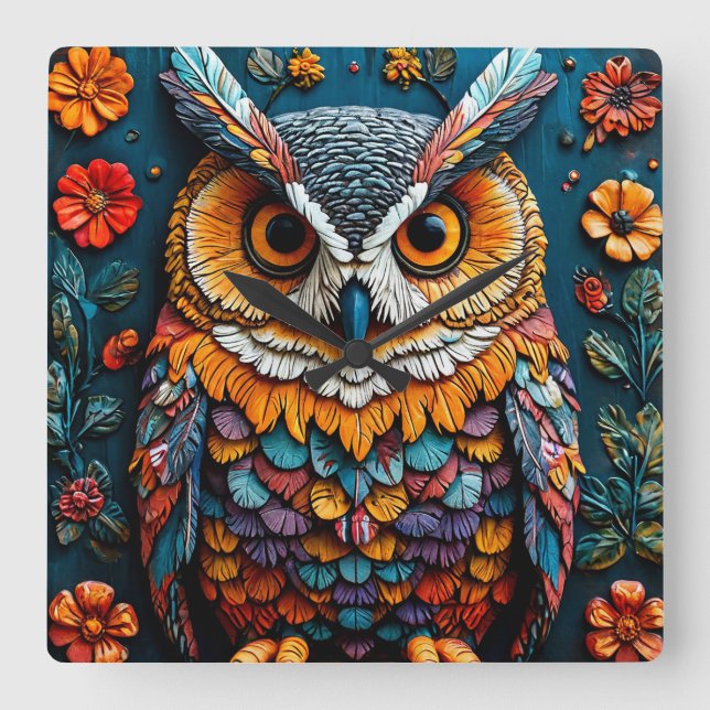 Colourful Owl Artwork With Intricate Detail Square Wall Clock (Front)