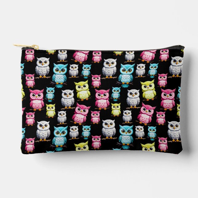 Colourful Owl Birds Black Background Pattern  Accessory Pouch (Front)