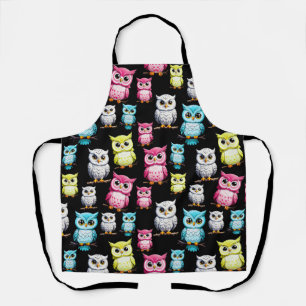 Colourful Owl Birds Black Background Pattern Apron