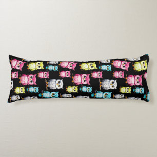 Colourful Owl Birds Black Background Pattern Body Cushion