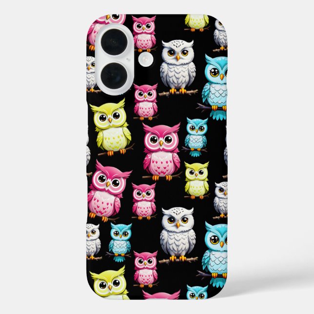 Colourful Owl Birds Black Background Pattern  Case-Mate iPhone Case (Back)