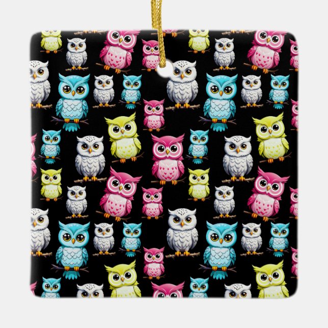 Colourful Owl Birds Black Background Pattern  Ceramic Ornament (Front)