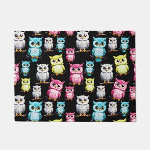 Colourful Owl Birds Black Background Pattern Doormat