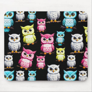 Colourful Owl Birds Black Background Pattern Mouse Pad