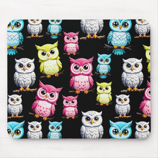 Colourful Owl Birds Black Background Pattern  Mouse Pad (Front)
