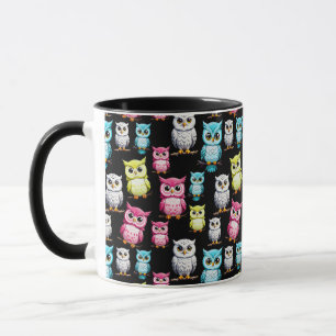 Colourful Owl Birds Black Background Pattern  Mug
