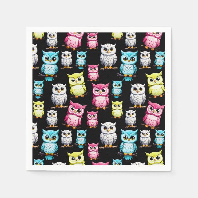 Colourful Owl Birds Black Background Pattern  Napkin (Front)