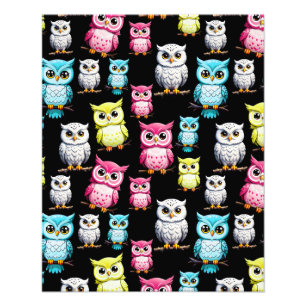 Colourful Owl Birds Black Background Pattern Photo Print