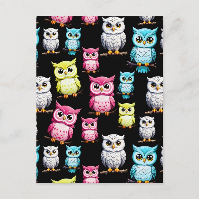 Colourful Owl Birds Black Background Pattern  Postcard (Front)
