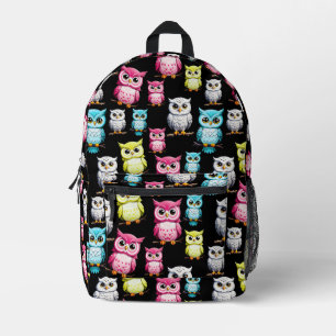 Colourful Owl Birds Black Background Pattern Printed Backpack