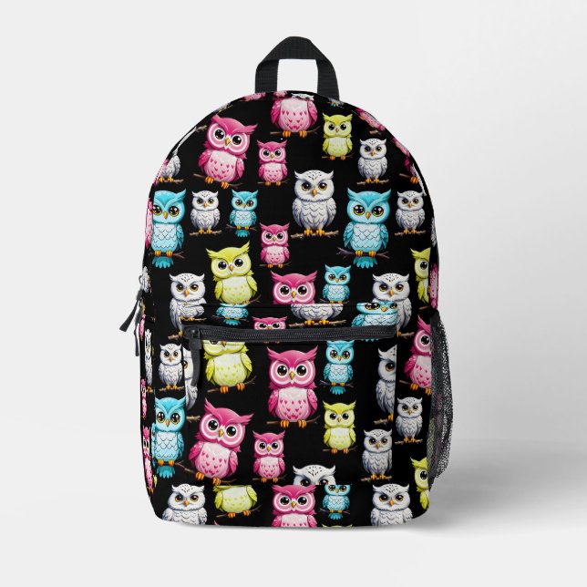 Colourful Owl Birds Black Background Pattern  Printed Backpack (Front)