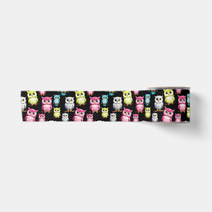 Colourful Owl Birds Black Background Pattern Satin Ribbon