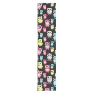 Colourful Owl Birds Black Background Pattern Short Table Runner
