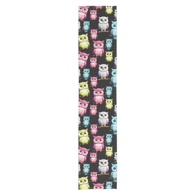 Colourful Owl Birds Black Background Pattern  Short Table Runner (Front)