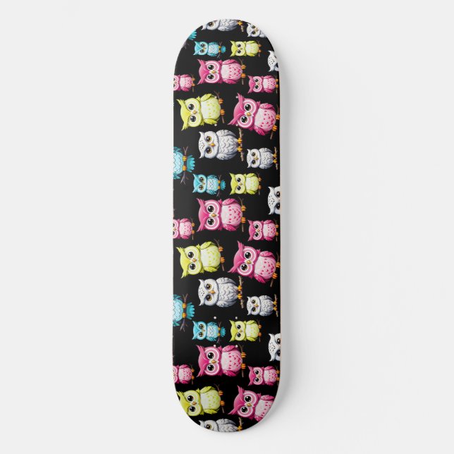 Colourful Owl Birds Black Background Pattern  Skateboard (Front)