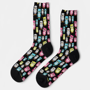 Colourful Owl Birds Black Background Pattern Socks