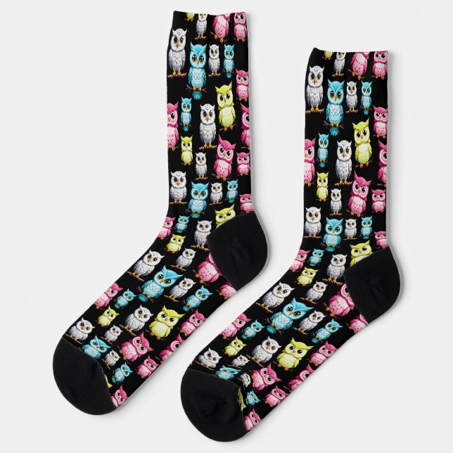 Colourful Owl Birds Black Background Pattern  Socks (Left)