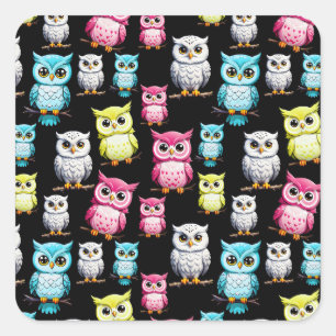 Colourful Owl Birds Black Background Pattern Square Sticker