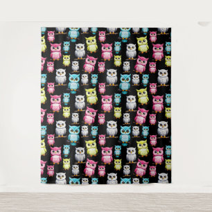 Colourful Owl Birds Black Background Pattern Tapestry