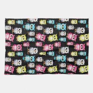 Colourful Owl Birds Black Background Pattern Tea Towel