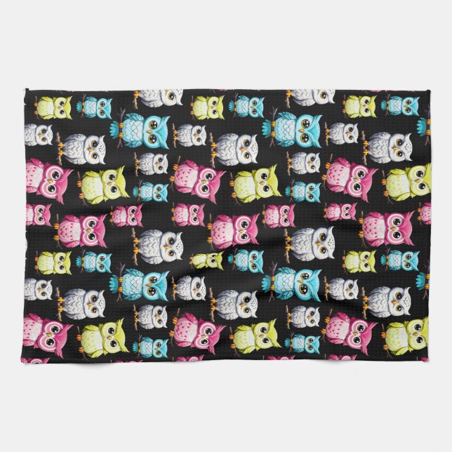 Colourful Owl Birds Black Background Pattern  Tea Towel (Horizontal)