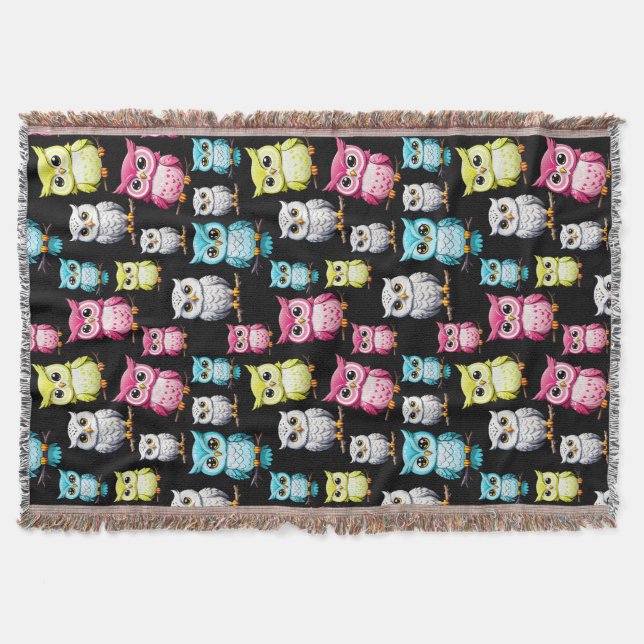 Colourful Owl Birds Black Background Pattern  Throw Blanket (Front)