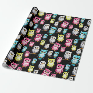 Colourful Owl Birds Black Background Pattern Wrapping Paper