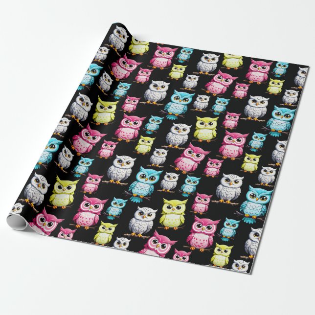 Colourful Owl Birds Black Background Pattern  Wrapping Paper (Unrolled)