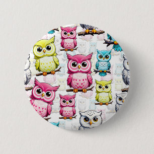 Colourful Owl Birds White Background Pattern 6 Cm Round Badge
