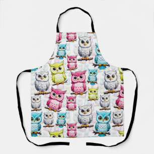 Colourful Owl Birds White Background Pattern Apron