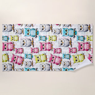 Colourful Owl Birds White Background Pattern  Beach Towel
