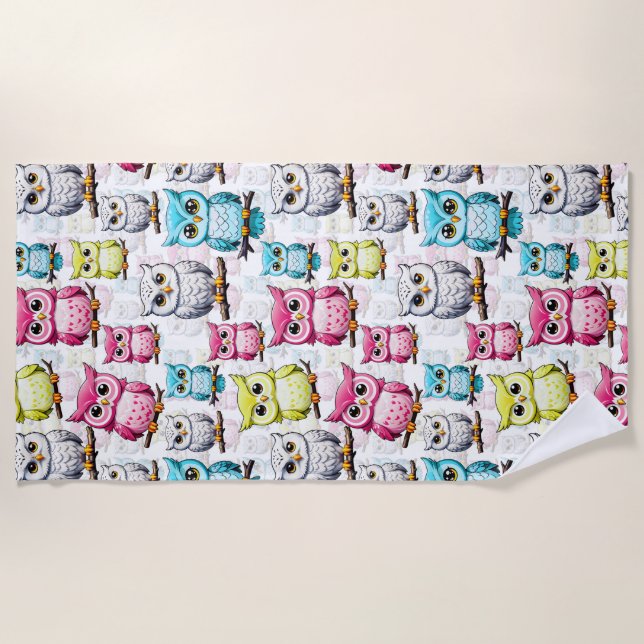 Colourful Owl Birds White Background Pattern  Beach Towel (Front)
