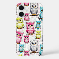 Colourful Owl Birds White Background Pattern