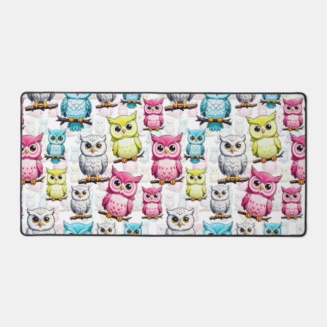 Colourful Owl Birds White Background Pattern  Desk Mat (Front)