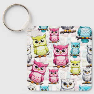 Colourful Owl Birds White Background Pattern  Key Ring