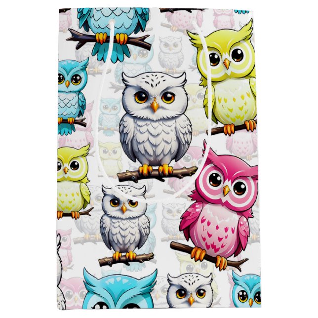 Colourful Owl Birds White Background Pattern  Medium Gift Bag (Front)