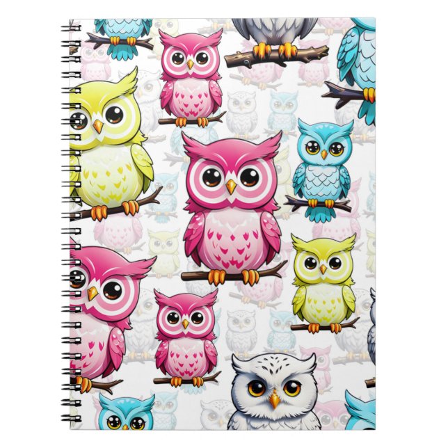 Colourful Owl Birds White Background Pattern  Notebook (Front)