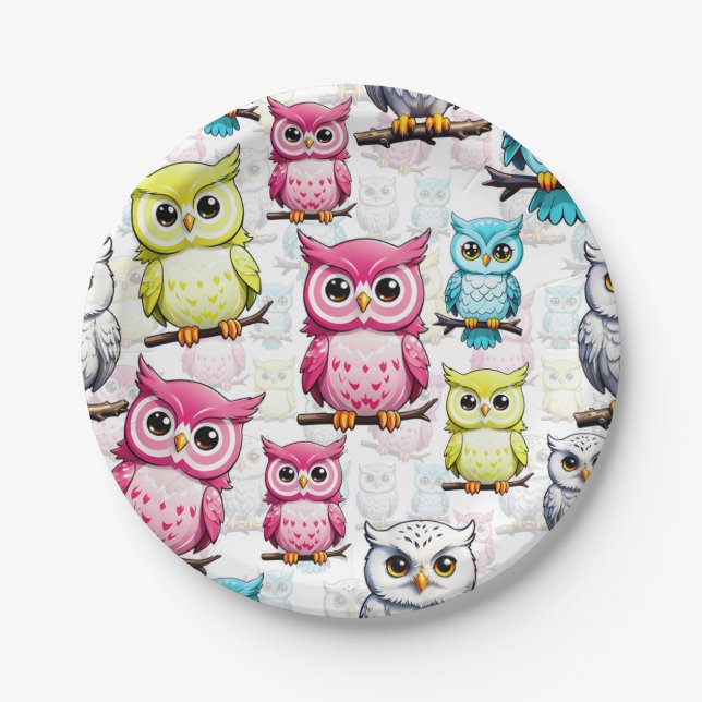 Colourful Owl Birds White Background Pattern  Paper Plate (Front)