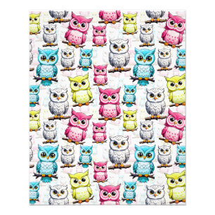 Colourful Owl Birds White Background Pattern Photo Print
