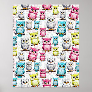 Colourful Owl Birds White Background Pattern Poster