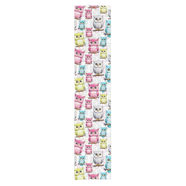 Colourful Owl Birds White Background Pattern  Short Table Runner (Front)