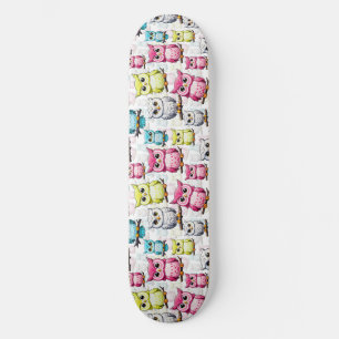Colourful Owl Birds White Background Pattern Skateboard