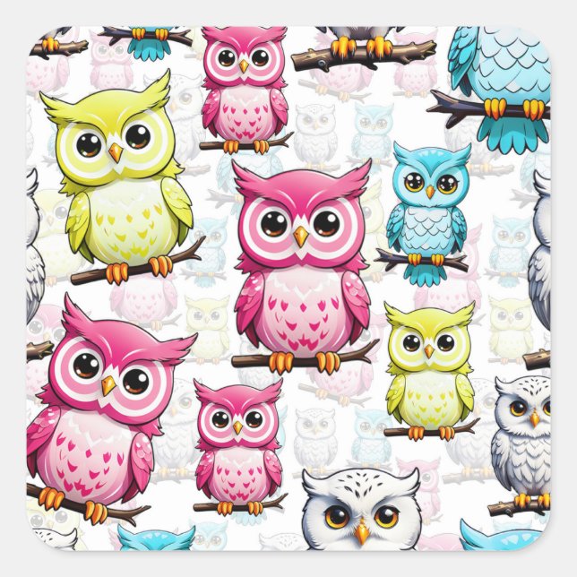 Colourful Owl Birds White Background Pattern  Square Sticker (Front)