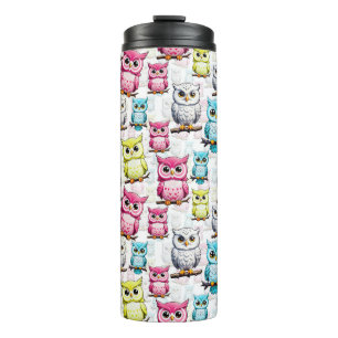 Colourful Owl Birds White Background Pattern  Thermal Tumbler