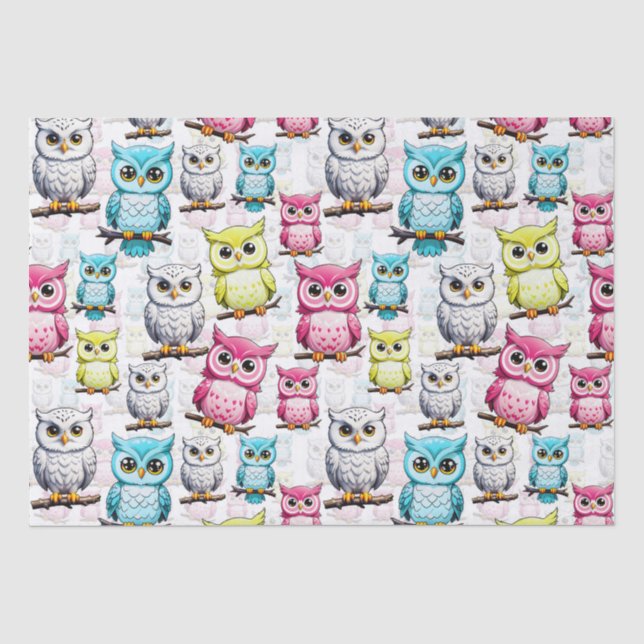 Colourful Owl Birds White Background Pattern  Tissue Paper (Front)