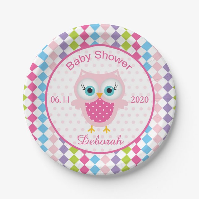 Colourful owl, diamond pattern baby shower Plate (Front)