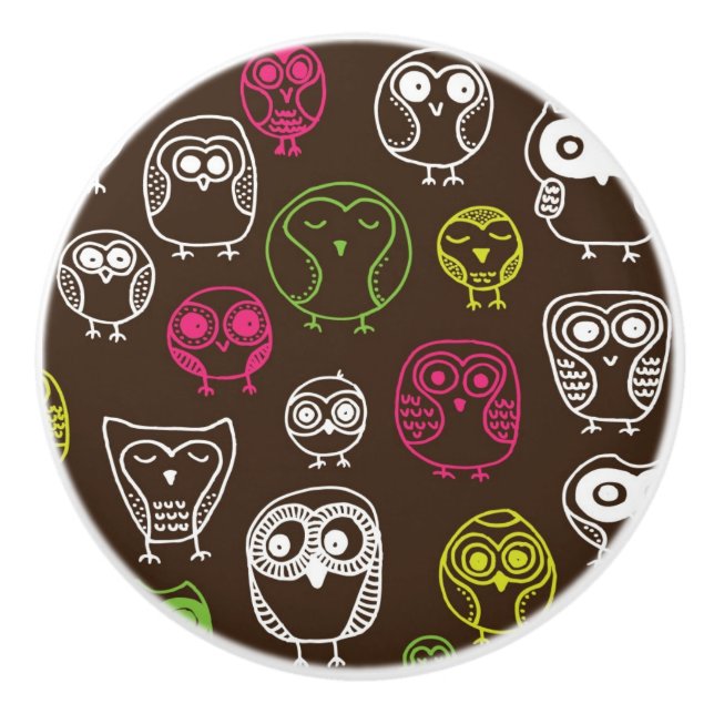 Colourful owl doodle background pattern ceramic knob (Front)