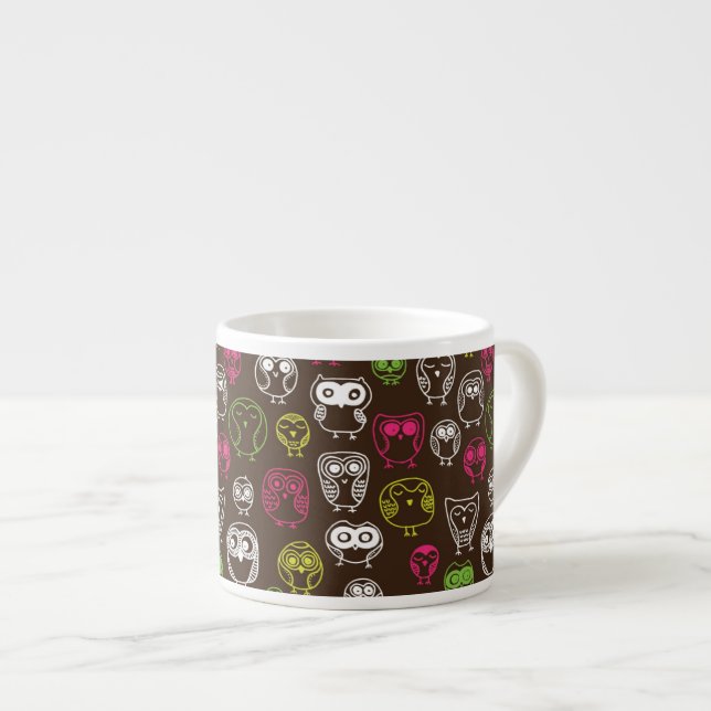 Colourful owl doodle background pattern espresso cup (Front Right)
